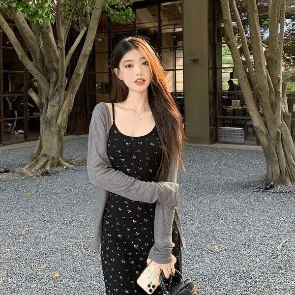 2024法式气质高腰显瘦夏季针织碎花吊带连衣裙开衫上衣套装