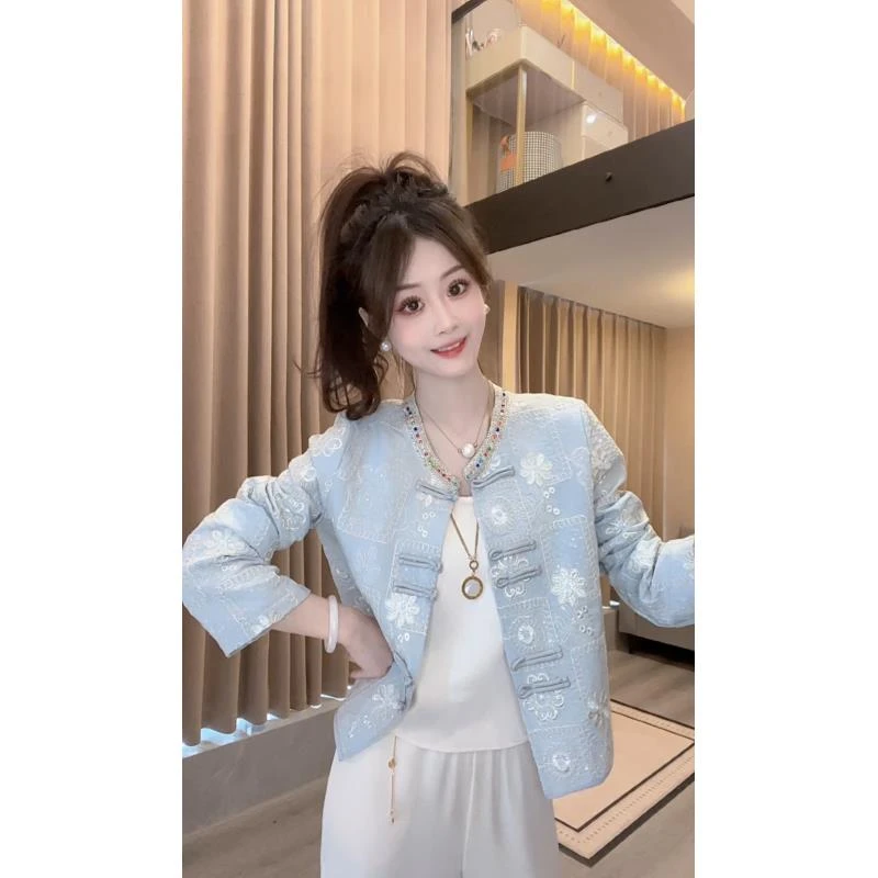 Ling【珠落玉盘】刺绣时尚重工圆领休闲网红春季条纹亮片百搭外套女