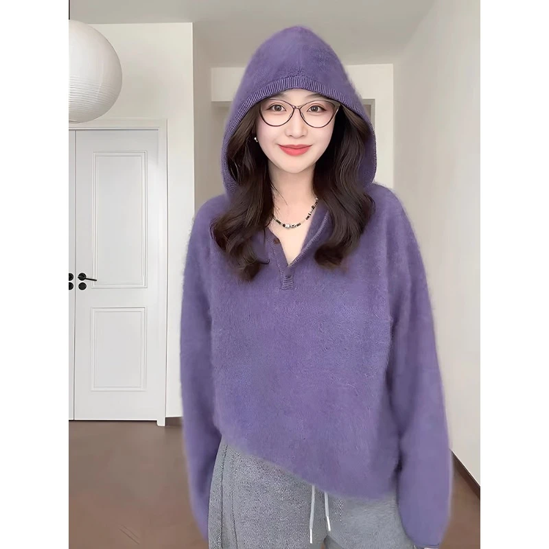 慵懒风软糯紫色连帽毛衣女2025新款秋季高级感内搭外穿针织衫上衣