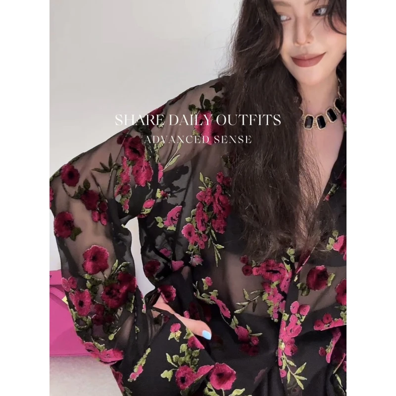 高温妮【蔷薇】2025夏季港风复古植绒提花复古廓形衬衫 5e52428