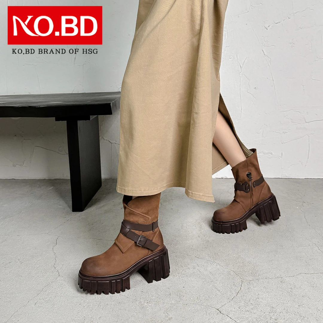 美拉德牛仔西部靴英伦风皮带扣马丁靴秋冬新款超高跟真皮女靴A159