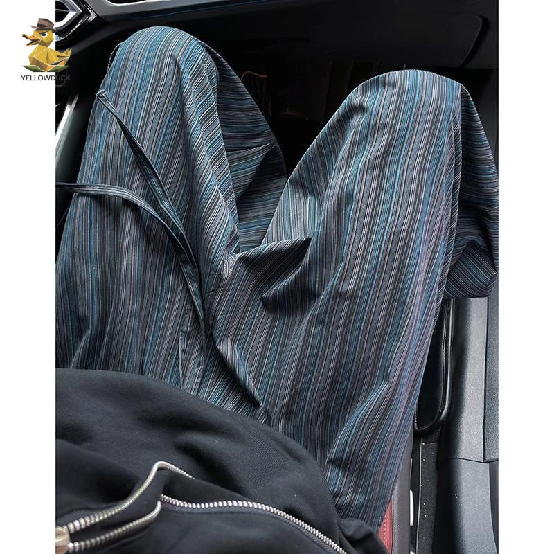 爆款宽松条纹设计感裤子男美式潮流阔腿弯刀裤垂感百搭休闲遛弯裤