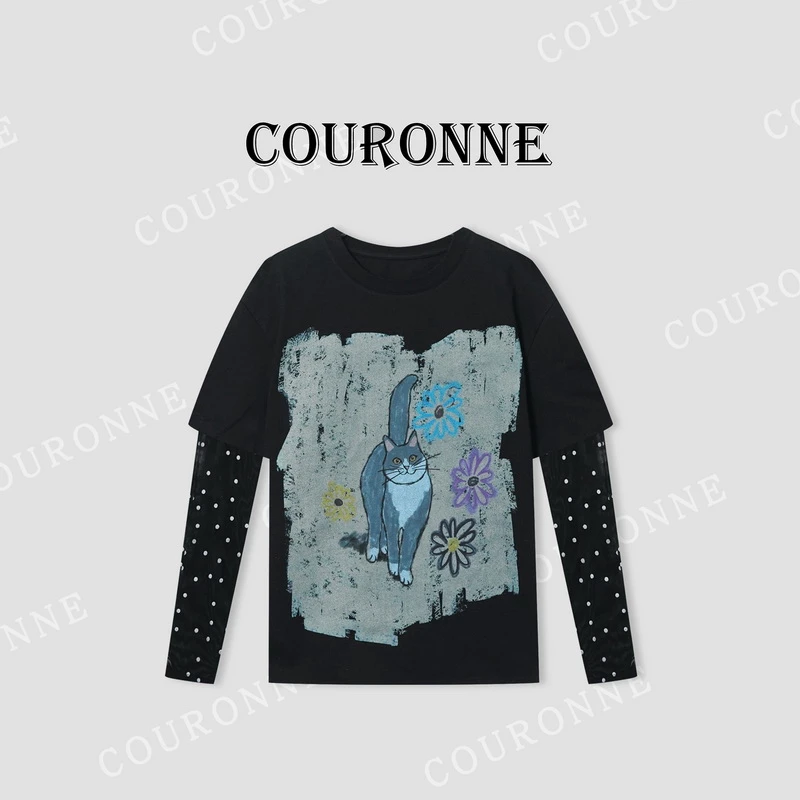 【小熊】-春夏''友好小猫‘’慵懒风波点袖假两件设计拼接长袖33375