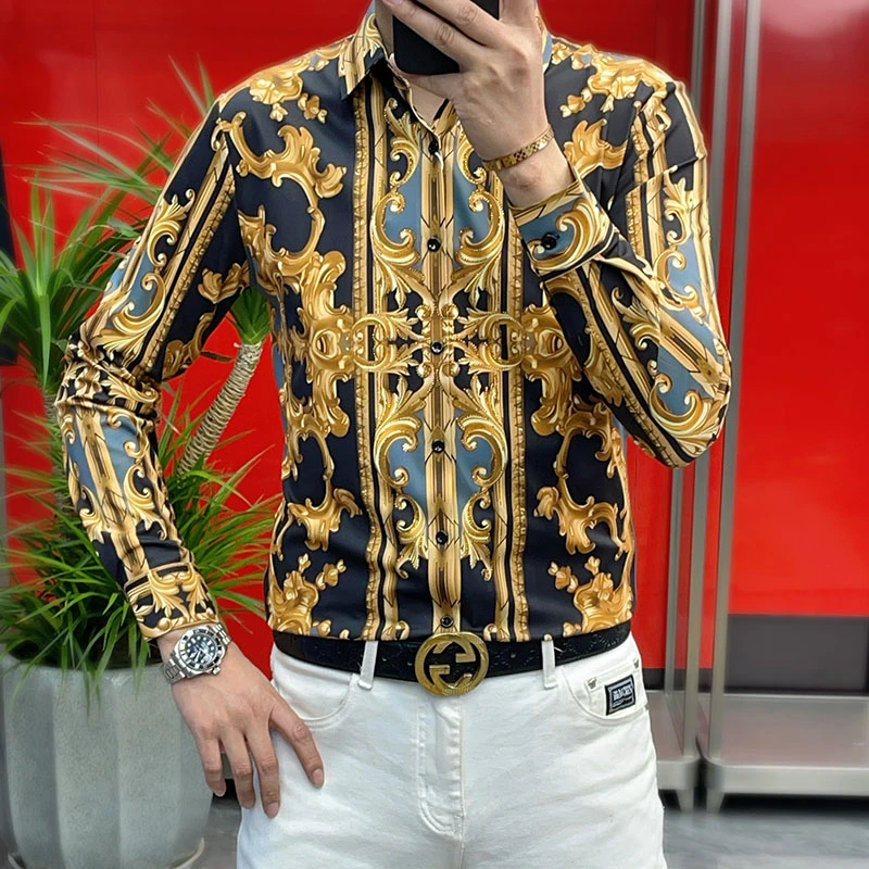 男士春季衬衫2025新款百搭青春修身长袖潮流印花个性花卉上衣休闲