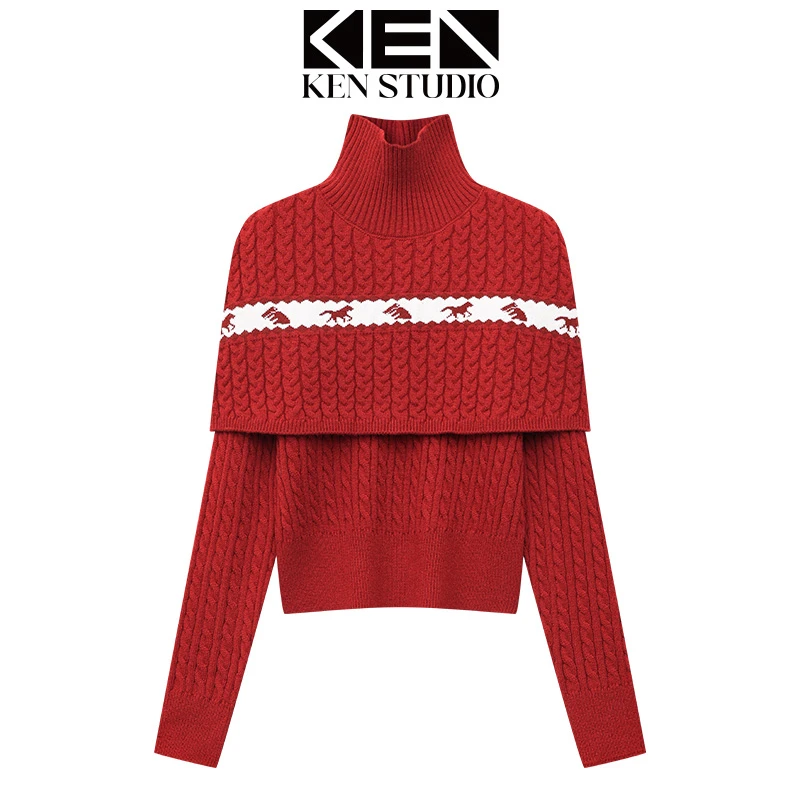 KEN STUDIO秋冬新款红色提花斗篷毛衣女高级感修身长袖上衣两件套