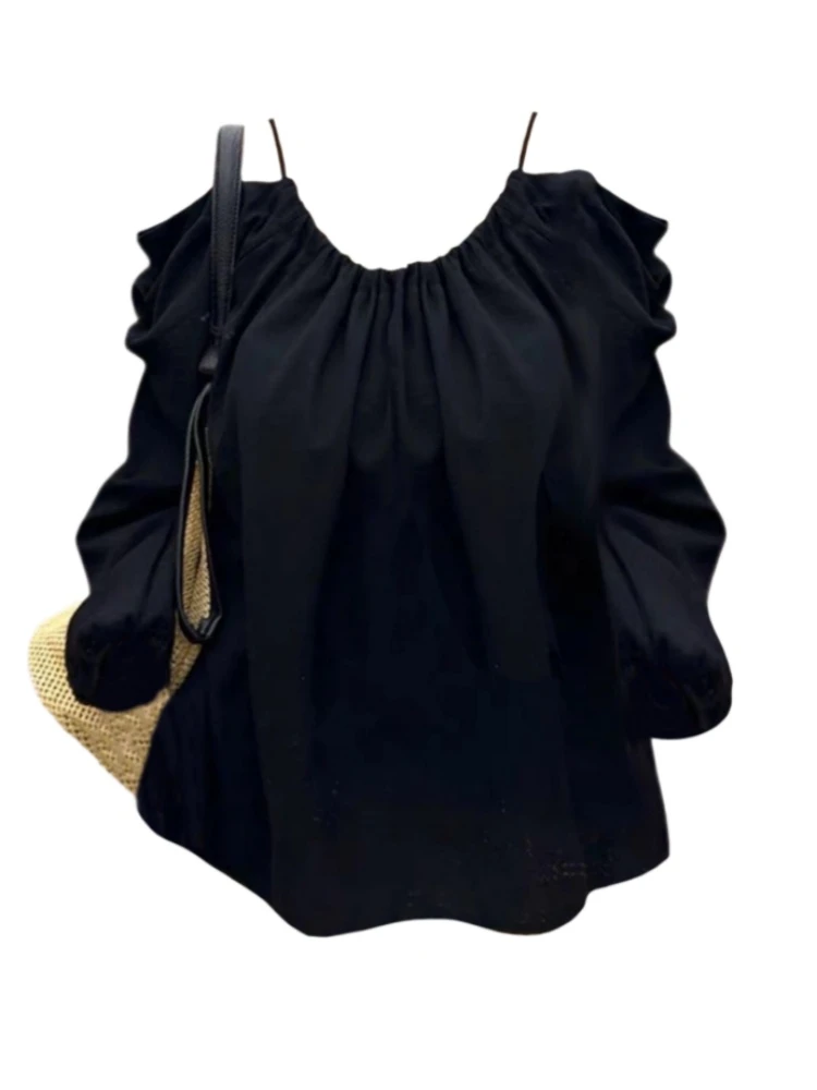 Amy家 微胖mm纯欲风露肩白色吊带长袖衬衫女秋季新款宽松显瘦上衣