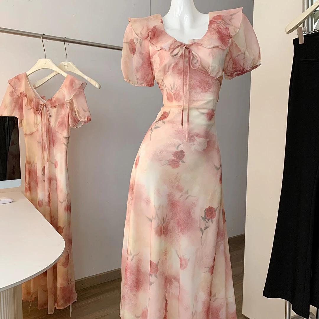 法式新款荷叶边领桃粉碎花连衣裙长款显瘦印花裙2025夏季气质长裙