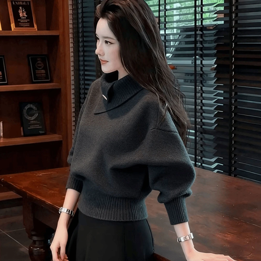 La Chapelle/拉夏贝尔秋冬款针织衫毛衣上衣橘色翻领秋冬季新款慵