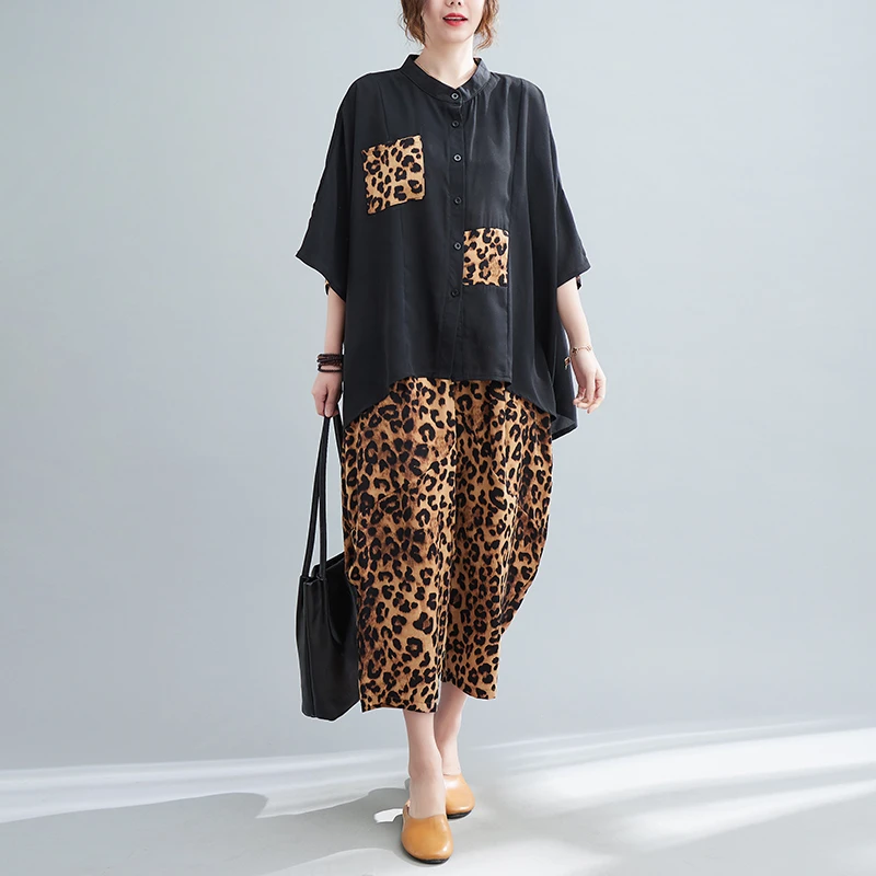 大码女装豹纹印花宽松立领排扣五分袖上衣+松紧腰阔腿裤两件套女