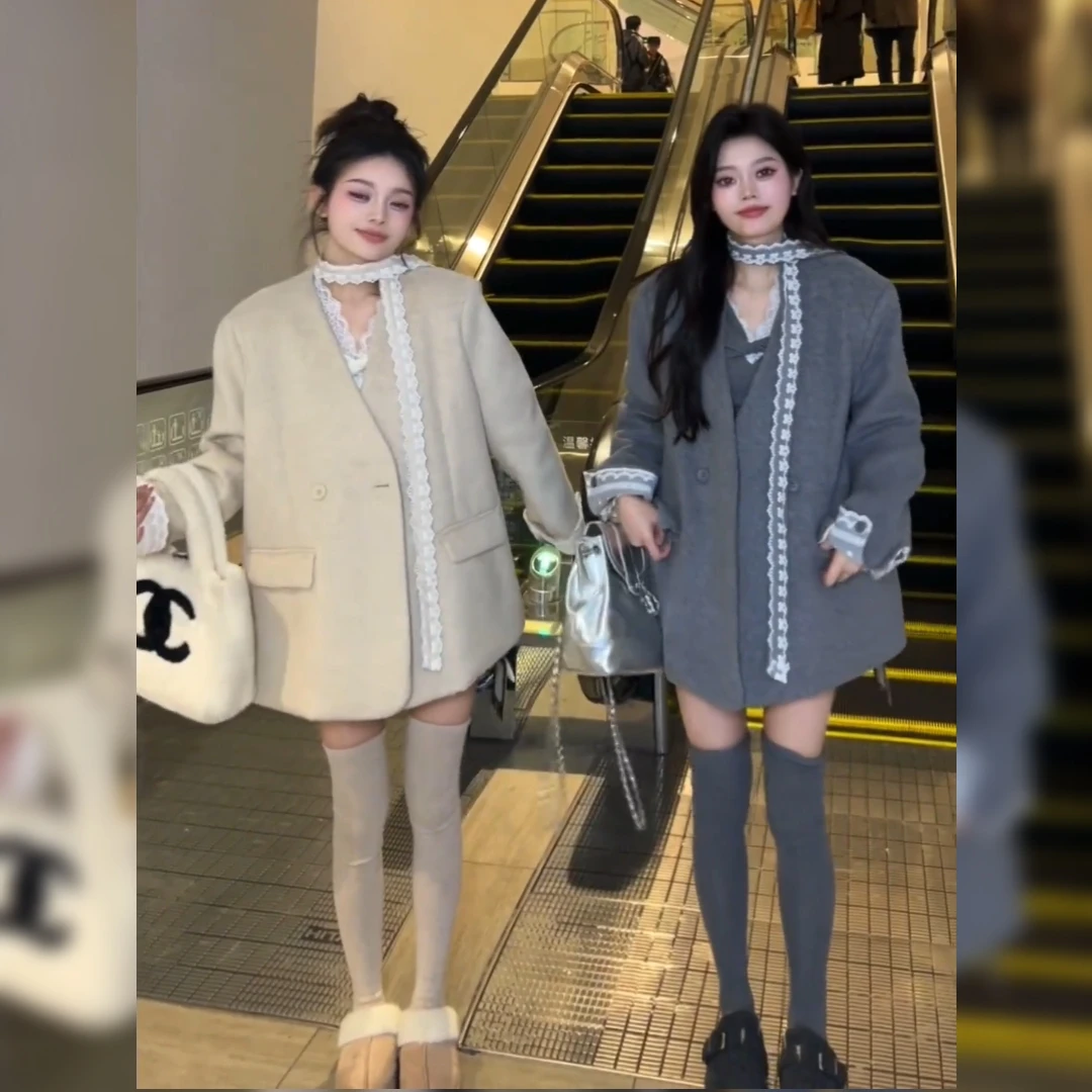 时光独白韩版时尚洋气百搭上衣冬季新款设计感蕾丝边毛呢西装外套