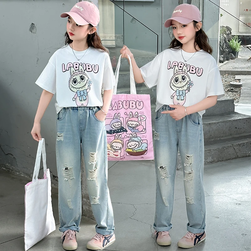 女童夏装套装2025新款中大童女装儿童夏季薄款休闲短袖破洞牛仔裤