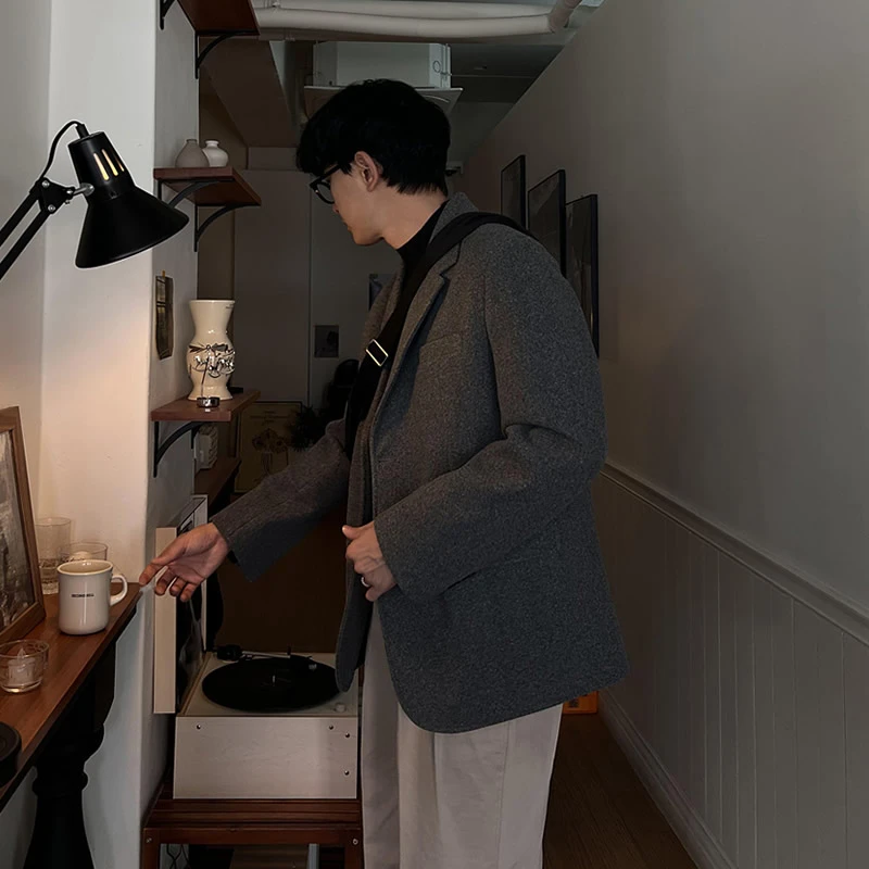 毛呢西装男冬季加厚秋冬羊毛外套男士短款大衣韩版复古宽松轻熟风