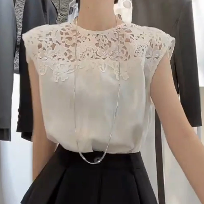 2025夏季新款设计感法式蕾丝拼接无袖T恤女上衣LK2503283