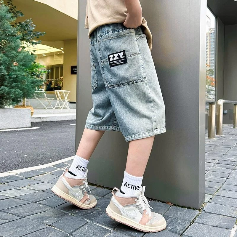 夏季中大男童牛仔中裤新款童装儿童男孩浅色中裤个性宽松百搭潮流