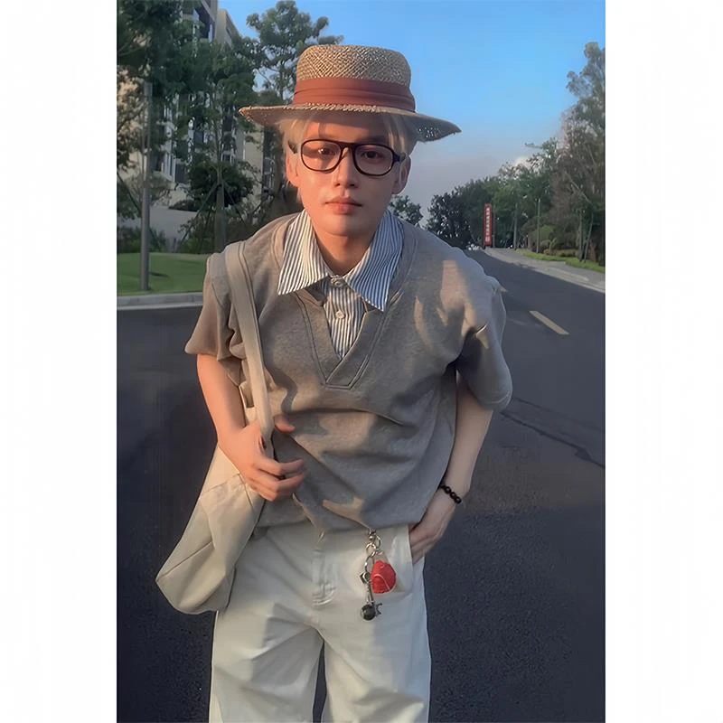 美式复古拼接假两件短袖t恤男款夏季小众设计感衬衣领Polo衫半袖