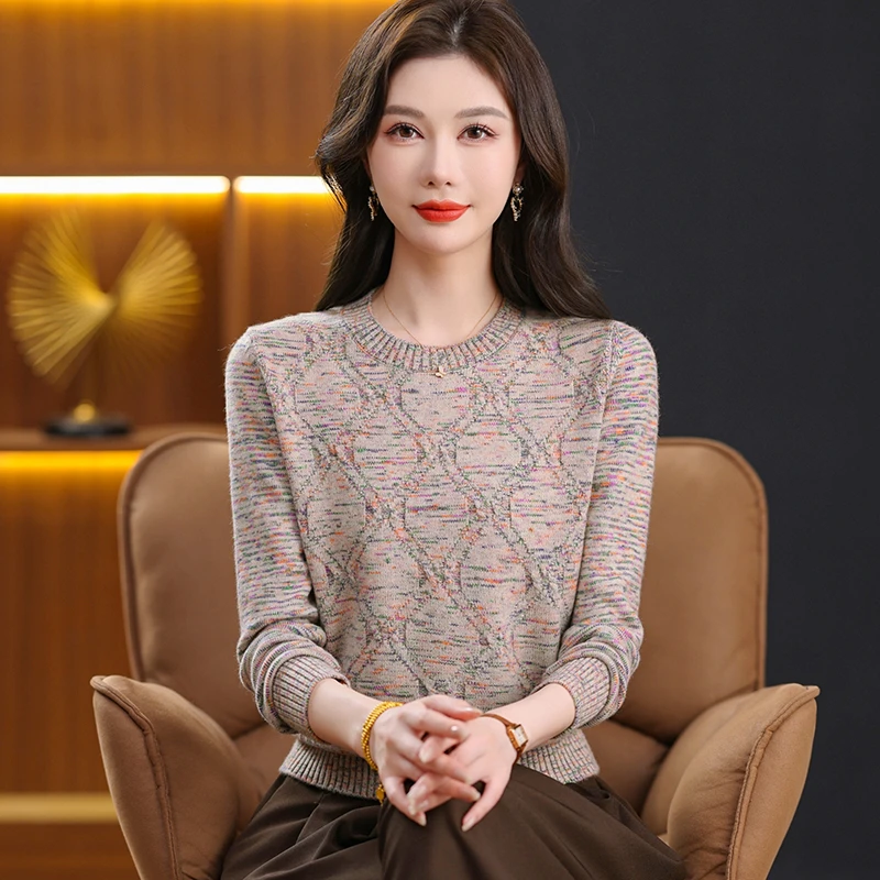 2025秋冬新款圆领花纱时尚洋气显瘦遮肉保暖中领长袖上衣女士百搭