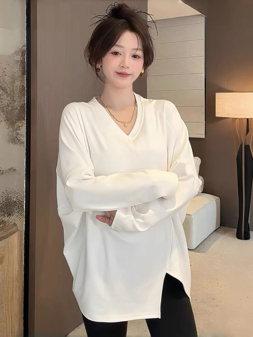 中长款不规则开叉磨毛加绒长袖T恤女冬宽松遮屁股打底衫上衣