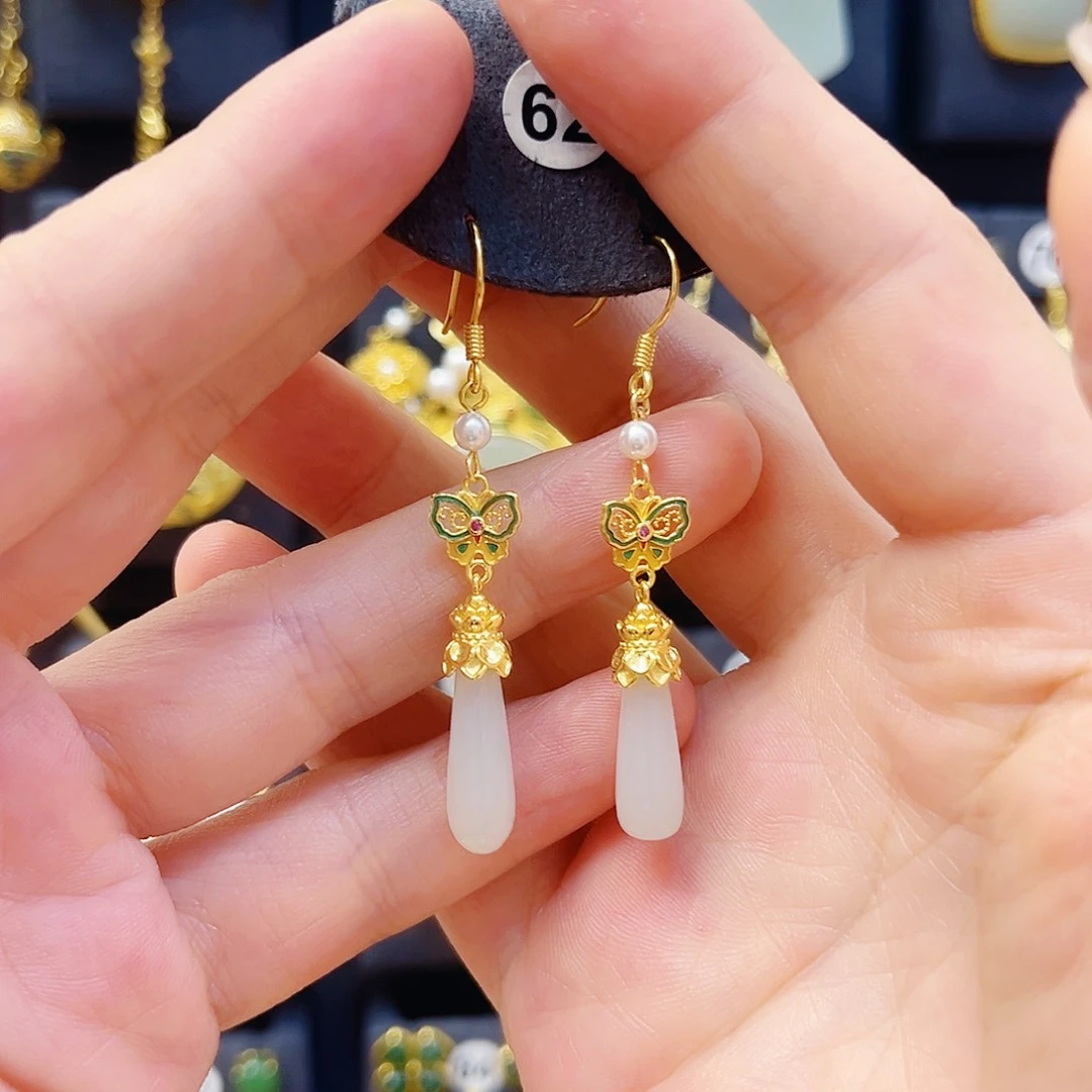 和田玉银S925镀金镶嵌耳饰