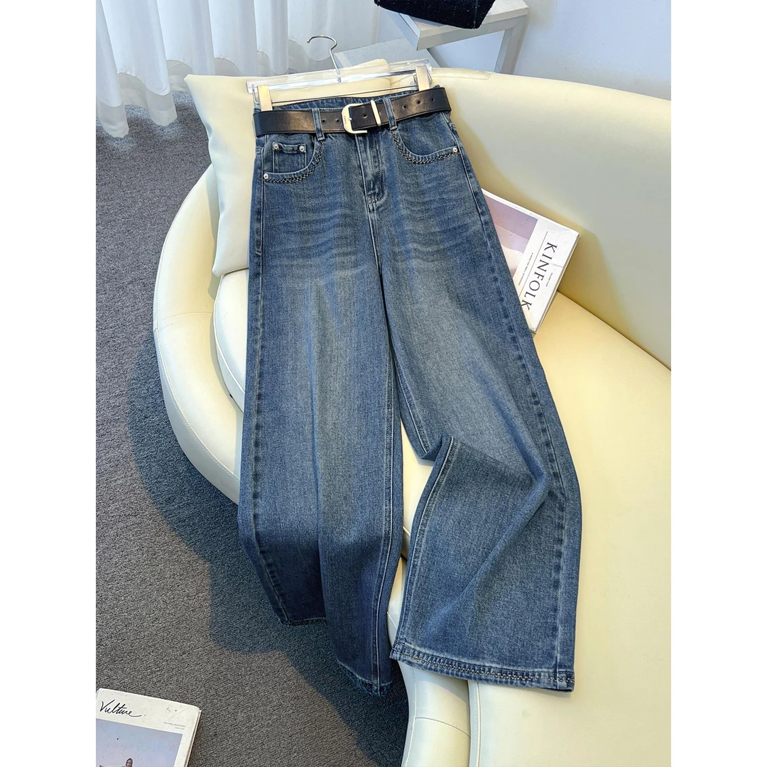 蓝色牛仔阔腿裤女2025年春秋季新款梨型身材高腰显瘦直筒垂感裤子