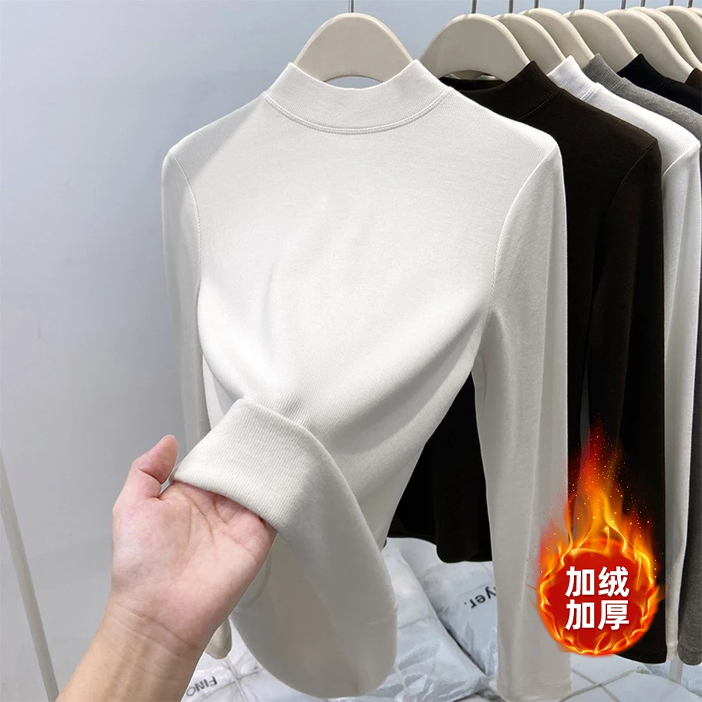 2026春秋冬新款小立领加绒打底衫女保暖内搭高级感半高领磨毛上衣