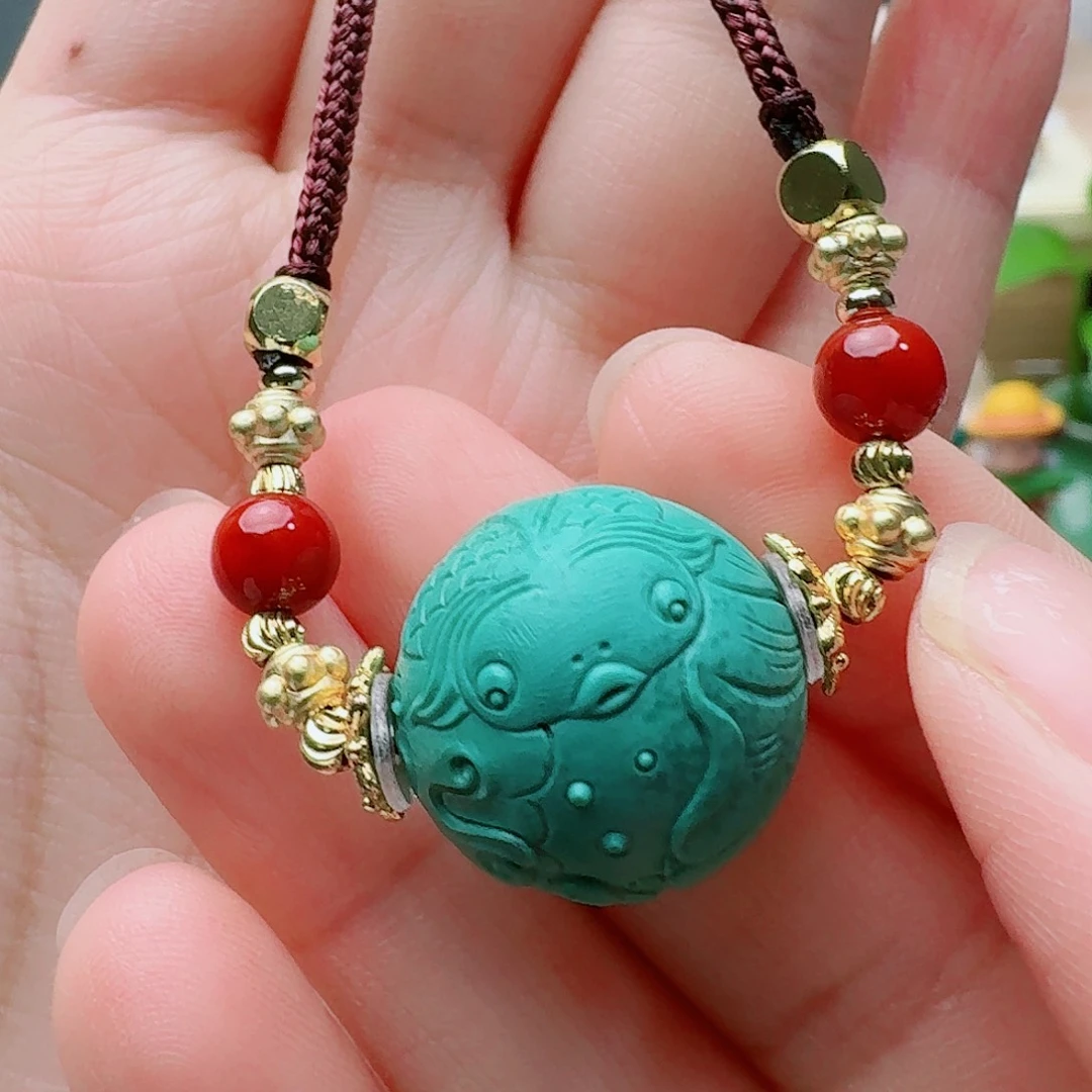 绿松石未镶嵌高瓷绿雕刻圆珠锁骨珠18.2