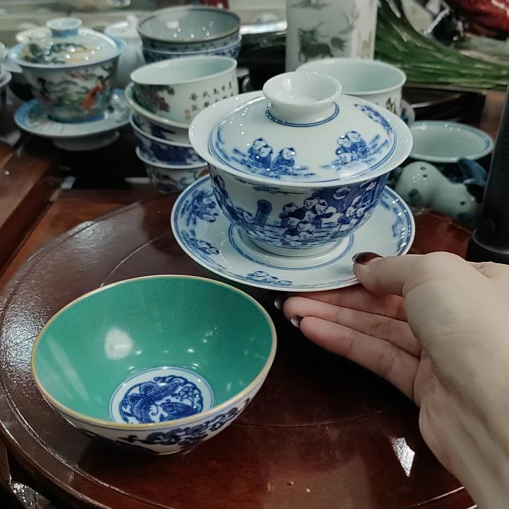 手工手绘盖碗松子绿杯