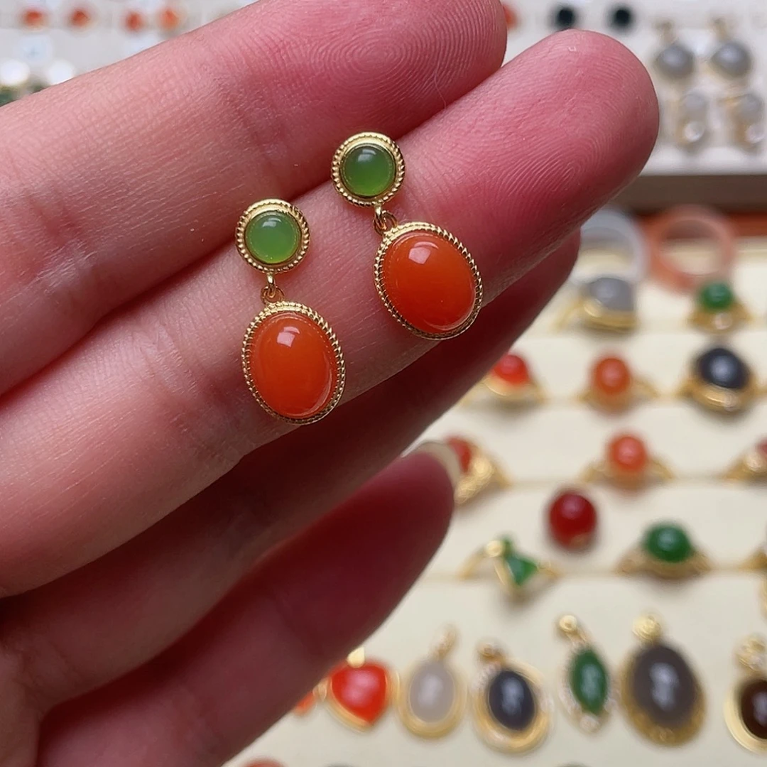 和田玉耳钉银S925镶嵌