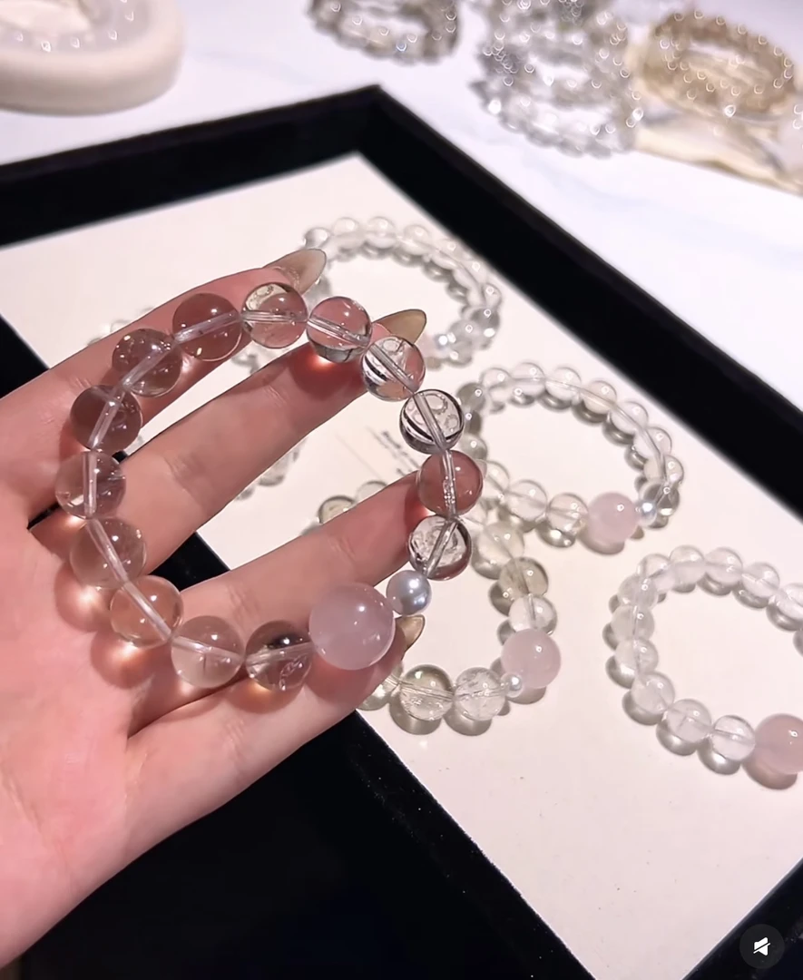 【福利瑕疵珠马粉冰块】成品手串卡12m白透浅粉简约设计手串