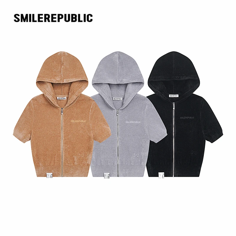 smilerepublic连帽针织短袖舒适时尚宽松带帽休闲百搭春季女款