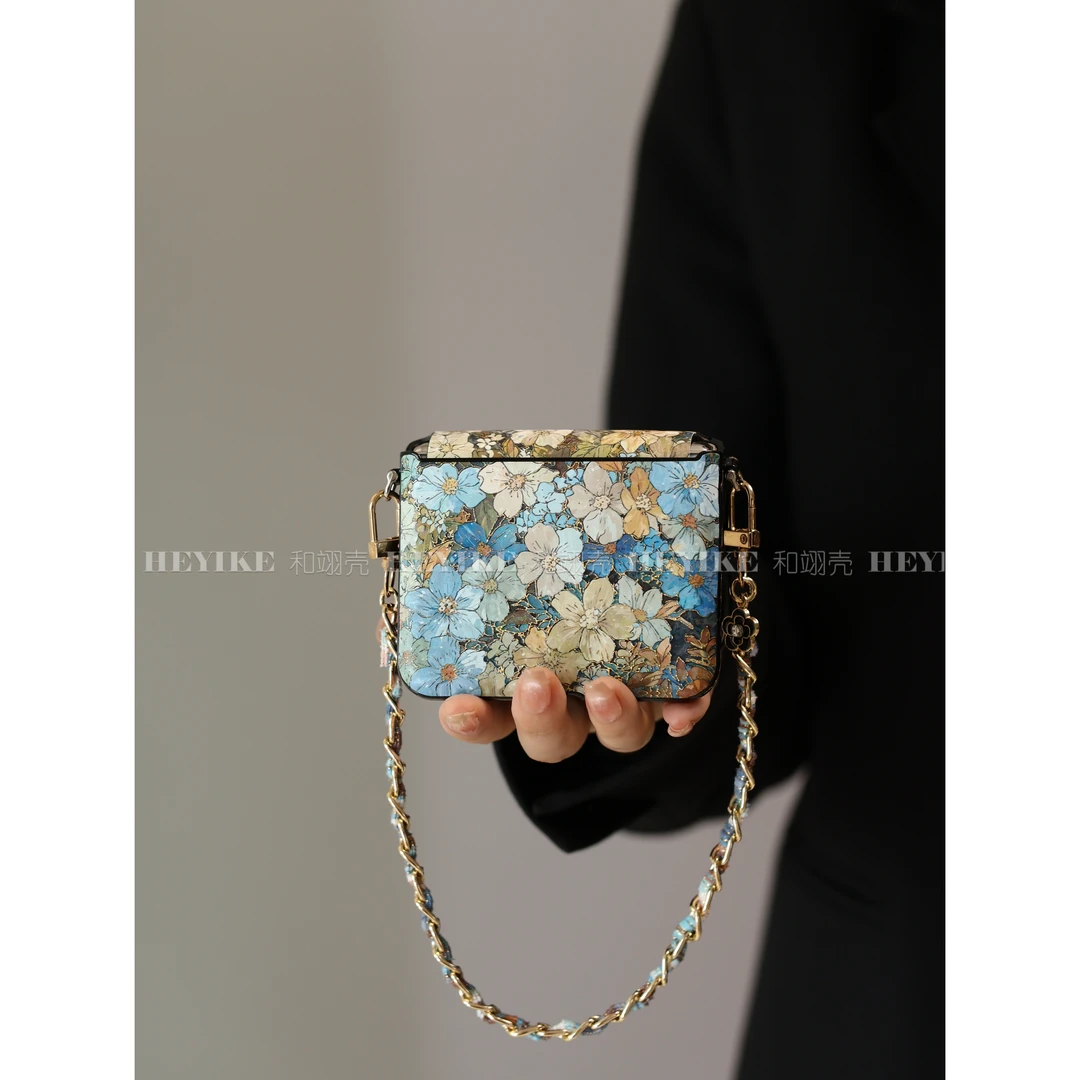 高级感油画花适用华为purax手机壳折叠小米mixflip2斜挎pocket2蓝