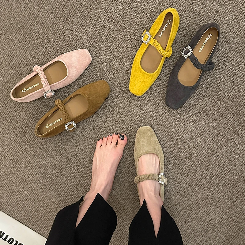 复古方头浅口单鞋女春季新款法式绒面软平底玛丽珍鞋子女款