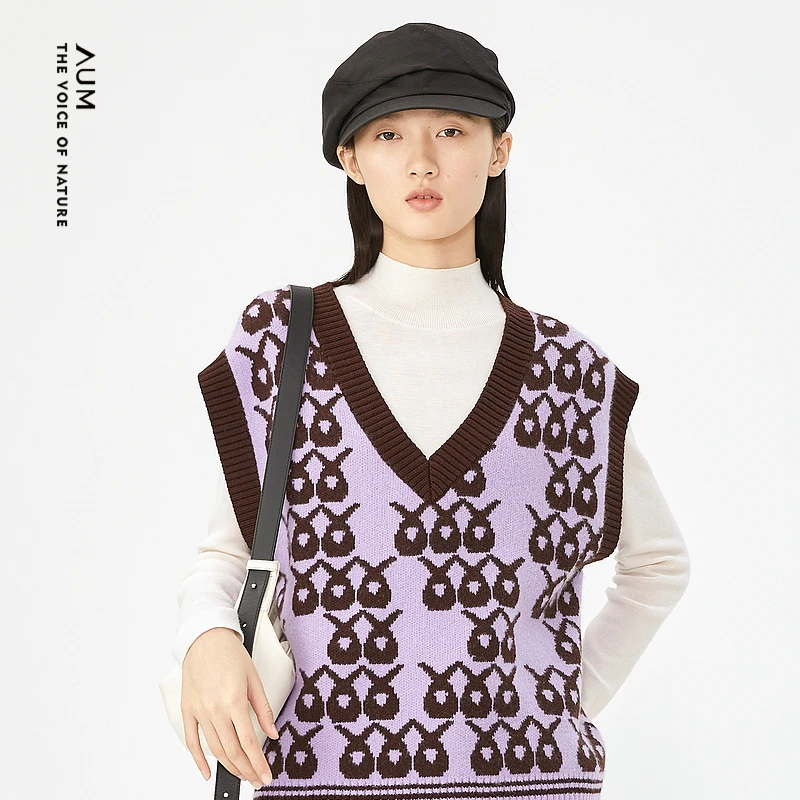 AUM/噢姆提花复古女士时尚秋季秋冬撞色休闲小背心M1DE1B01M宽松
