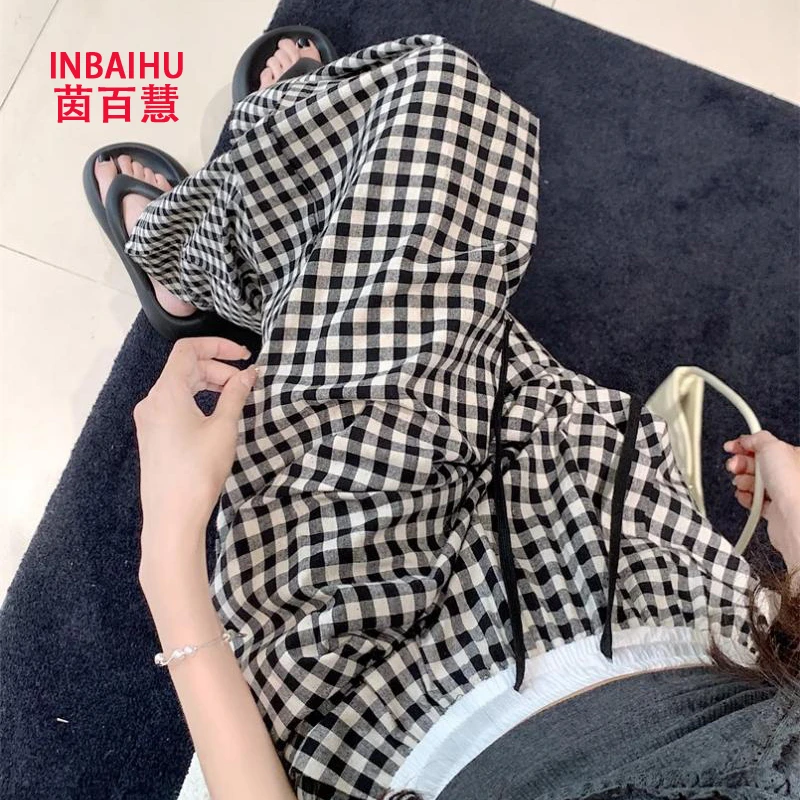 INBAIHU/茵百慧有口袋 厂家直发 女士格子裤女高腰显瘦宽松阔腿裤