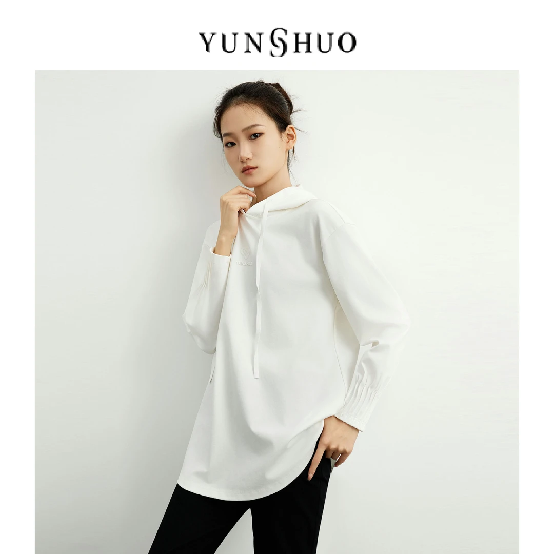 允硕时尚百搭春季新品连帽休闲字母过臀抽绳女上衣套头衫349586