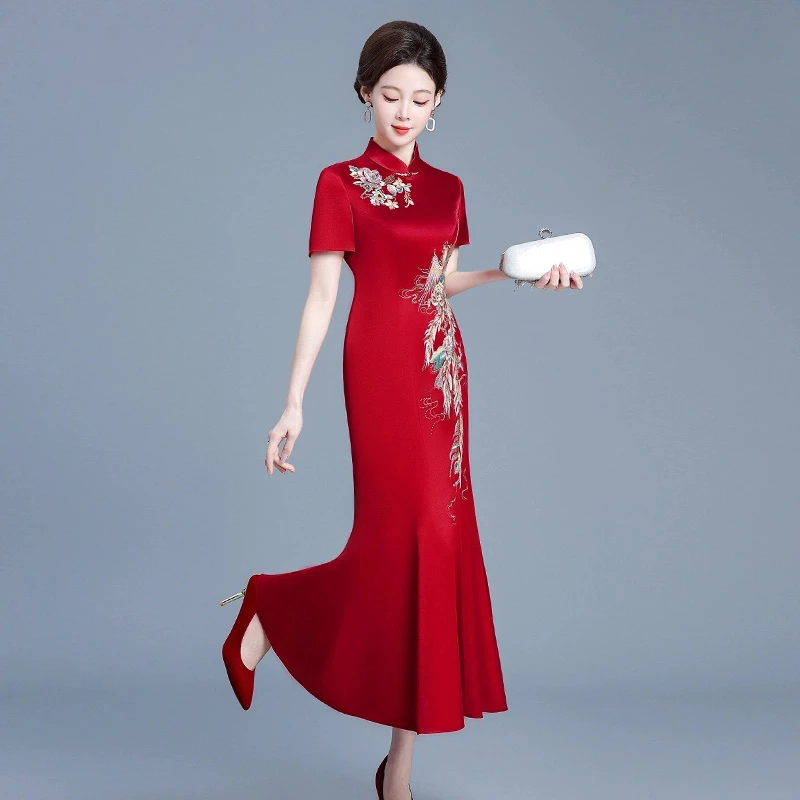 婚礼礼服红色新款气质高端醋酸喜婆婆喜妈妈婚宴装2025新款