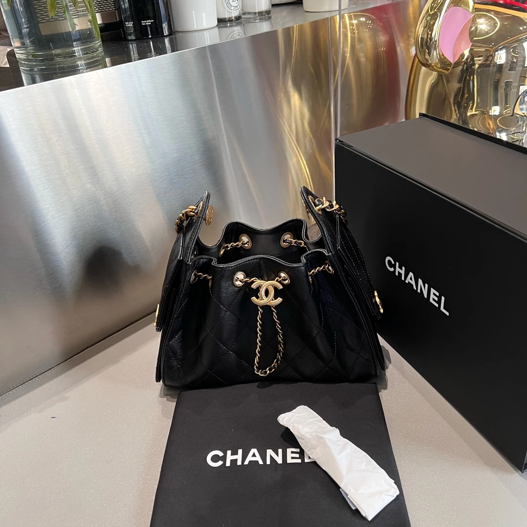 未使用 Chanel/香奈儿 mini 25bag黑金荔枝牛经典双C标志抽绳设计