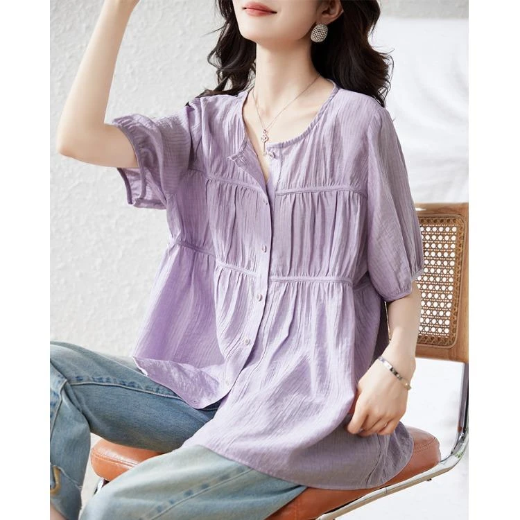 洋气女装褶皱短袖衬衫女2025夏季新款女设计感拼接宽松泡泡袖衬衣