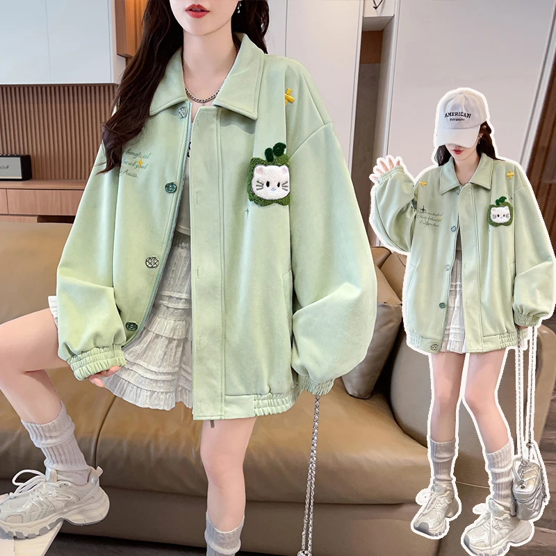 卡通刺绣麂皮绒夹克女2025新款早秋独特超好看学生宽松棒球服外套
