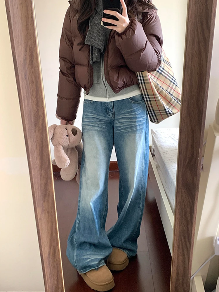 大码美式折痕阔腿牛仔裤女2025春季新款高腰宽松垂感直筒拖地裤子