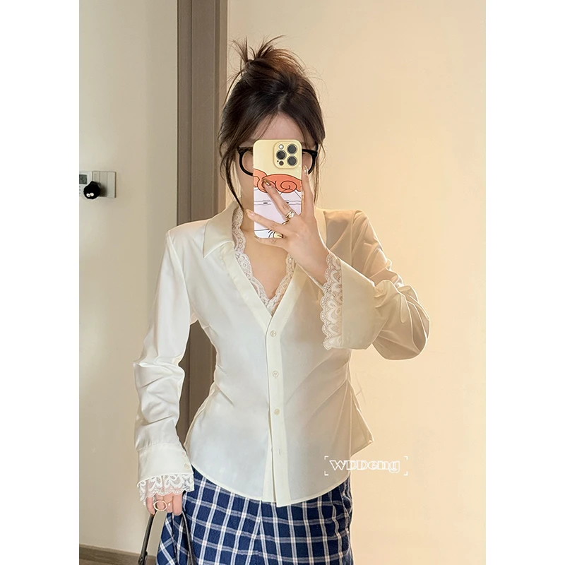 王等等【栀子香】春夏季时尚显瘦百搭抗皱长袖蕾丝边衬衫U225C01356