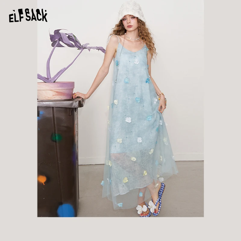 妖精的口袋立体花朵薄纱吊带连衣裙女沙滩裙女海边度假超仙长裙