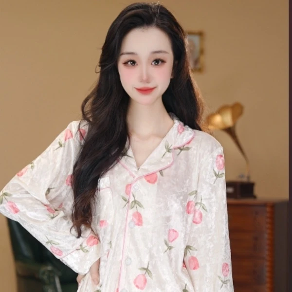达芬奇密码睡衣女士郁金香金钻绒加厚长袖系带秋冬家居服保暖套装
