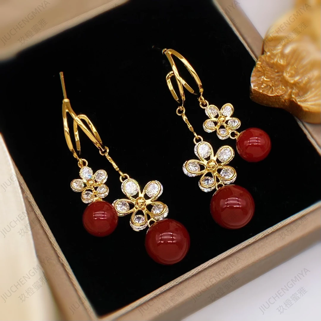 铜合金合成锆石耳饰 茶霜雪语KL523国风耳环设计感流苏花朵耳钉