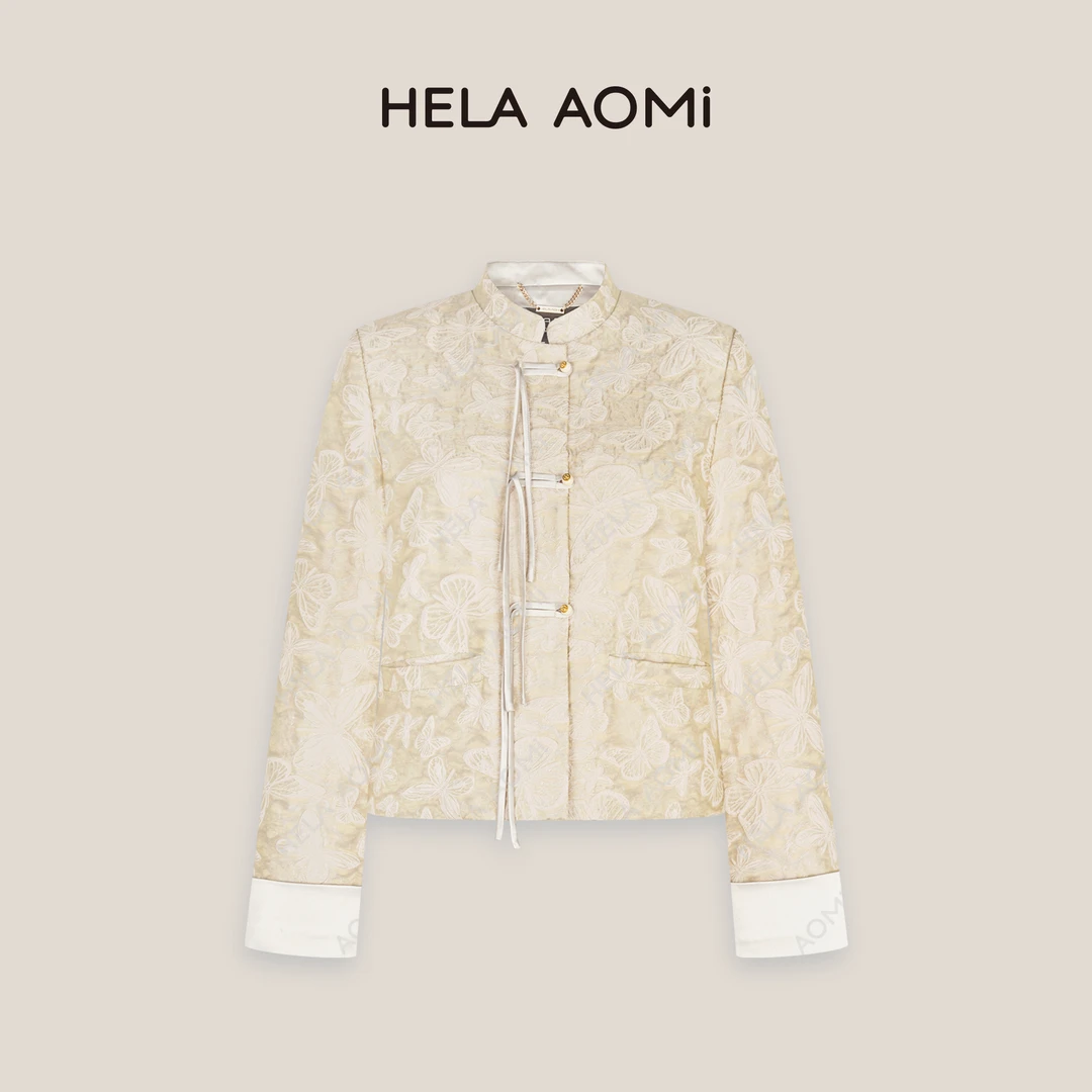 HELA AOMI “千蝶梦”莱赛尔优雅国风立领盘扣浮雕提花短外套