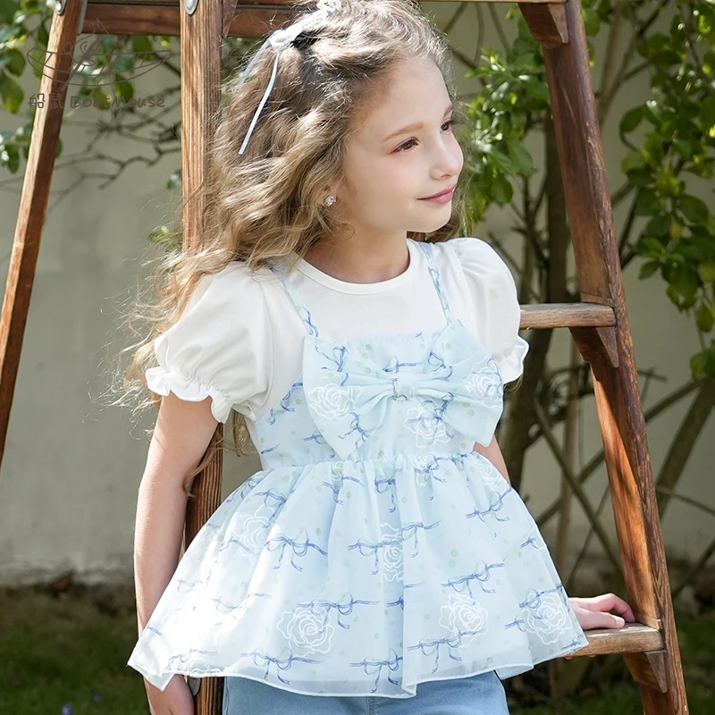 船鼠女童短袖t恤夏季 蝴蝶结刺绣雪纺假两件儿童娃娃衫女宝宝上衣