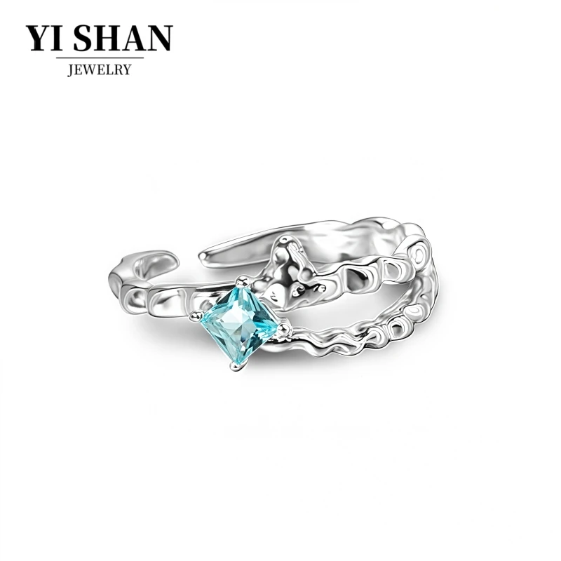 YI SHAN 海洋之心湖蓝色锆石戒指开口可调节肌理小众风轻奢高级感