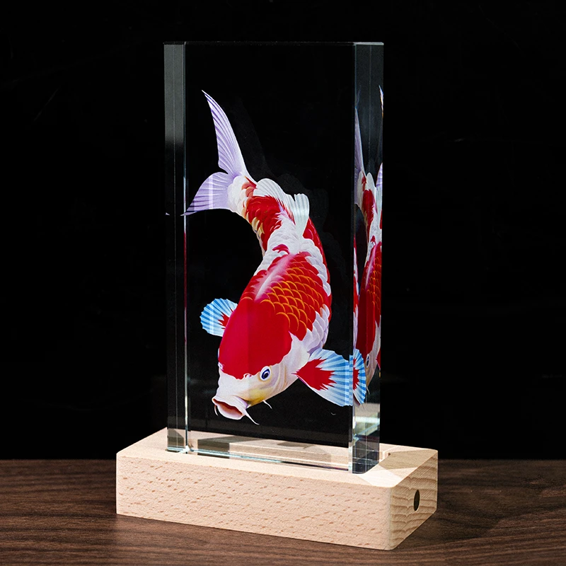 N538 轻奢发光水晶内雕锦鲤客厅玄关装饰摆件【带电源线】