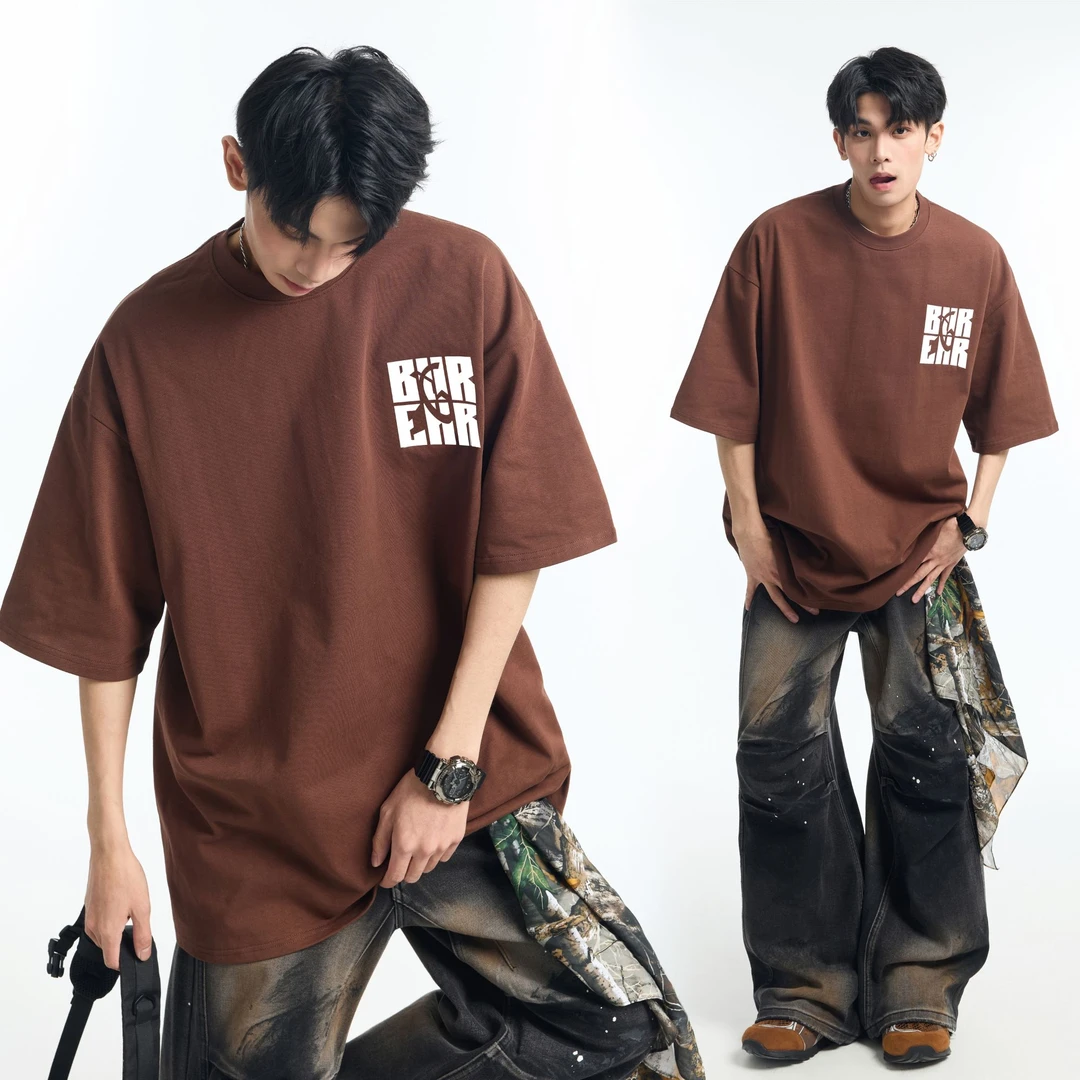 重磅320g短袖男硅胶立体印花高级感潮牌五分袖T恤潮流青少年上衣