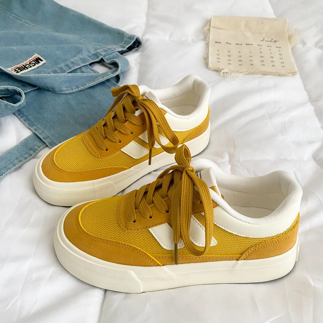 黄色网面厚底板鞋女2025新款夏季透气复古chic港风百搭休闲德训鞋