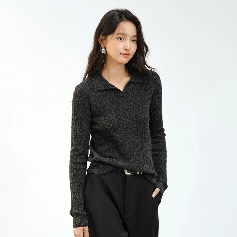 POLO领绞花毛衣100%山羊绒衫女秋冬新款复古针织衫上衣